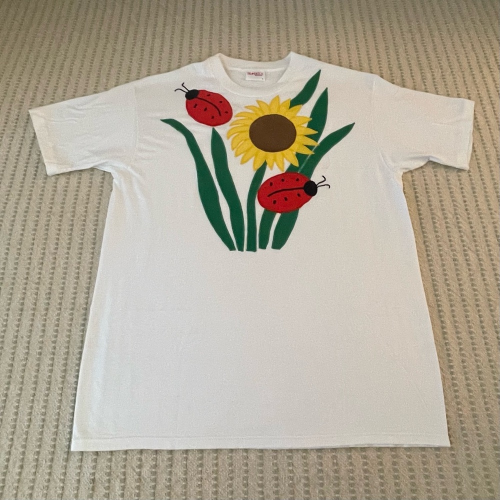 T - Shirt with Sunflower and Ladybug Design - Size: Large